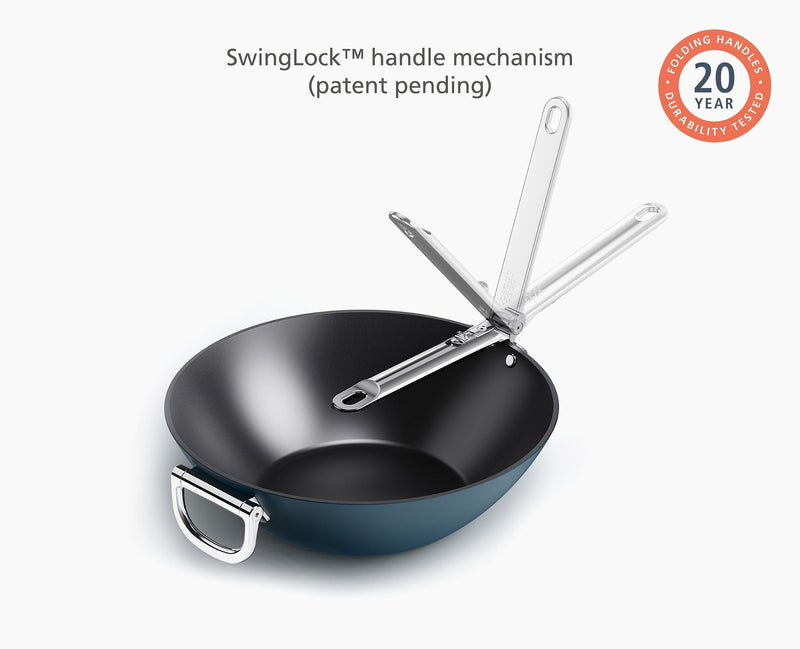Space Folding Handle Ceramic Non-stick 32cm Blue Wok - kindersbr