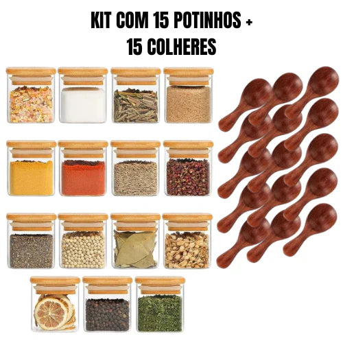 Organiza Gourmet™: Kit 15 Potes de Vidro de 200ml para Temperos (Bandeja Organizadora) (15 Colheres) | FRETE GRÁTIS HOJE!