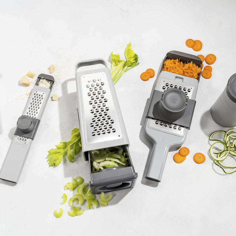 ZWILLING Ralador multifuncional Z-Cut Tower, tecnologia de ralar mais rápido, ralador de queijo, ralador de alho, fatiador, ralador de raspa e mais cinza