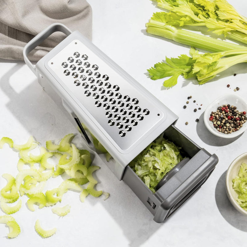ZWILLING Ralador multifuncional Z-Cut Tower, tecnologia de ralar mais rápido, ralador de queijo, ralador de alho, fatiador, ralador de raspa e mais cinza