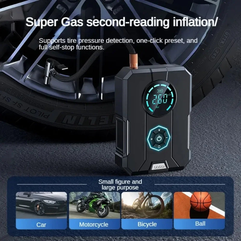 ✅ Compressor de Ar Portátil 3 em 1 - Power Bank 12.000mAh + Lanterna + Partida Veicular