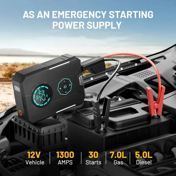 ✅ Compressor de Ar Portátil 3 em 1 - Power Bank 12.000mAh + Lanterna + Partida Veicular