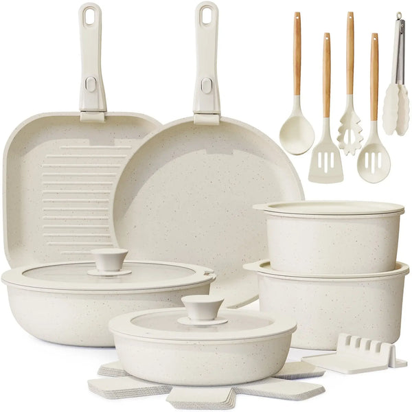 22 Piece Ceramic Pots and Pans Set Non Stick,  Cookware Set with Detachable Handles, Oven Safe, Induction Ready