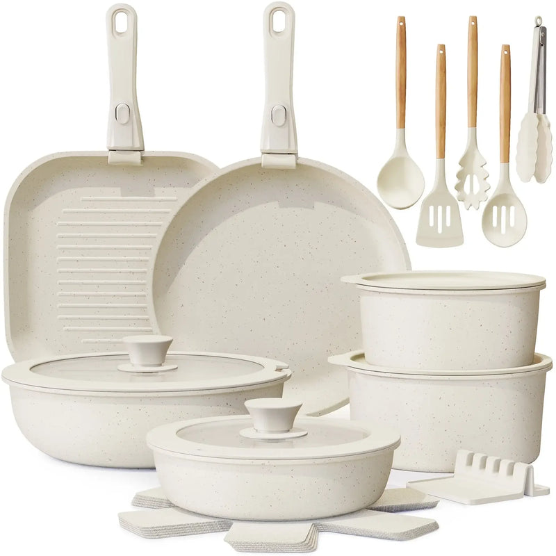22 Piece Ceramic Pots and Pans Set Non Stick,  Cookware Set with Detachable Handles, Oven Safe, Induction Ready