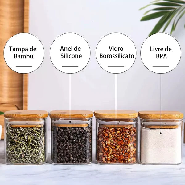 Organiza Gourmet™: Kit 15 Potes de Vidro de 200ml para Temperos (Bandeja Organizadora) (15 Colheres) | FRETE GRÁTIS HOJE!