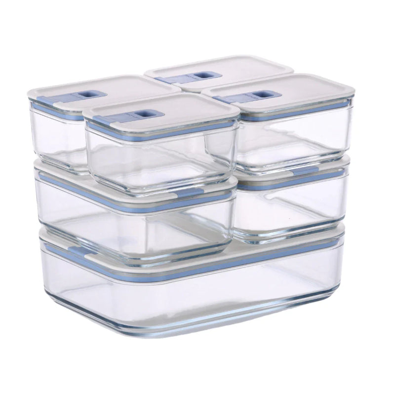 Conjunto de Potes de Vidro Herméticos Retangulares - 7 Unidades - Tampa com Alavanca - Perfect Seal - kindersbr